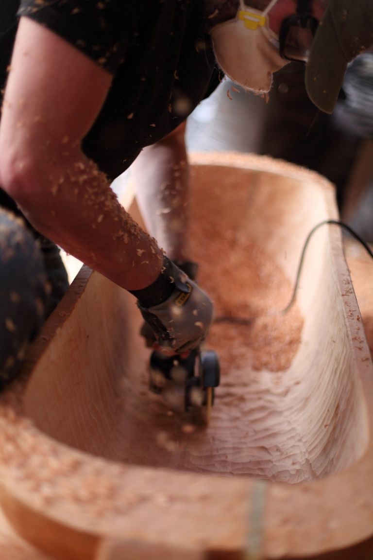 Mark Griffiths using the Axcaliber carving & shaping cutter to hollow out the inside of an Iron Age vessel