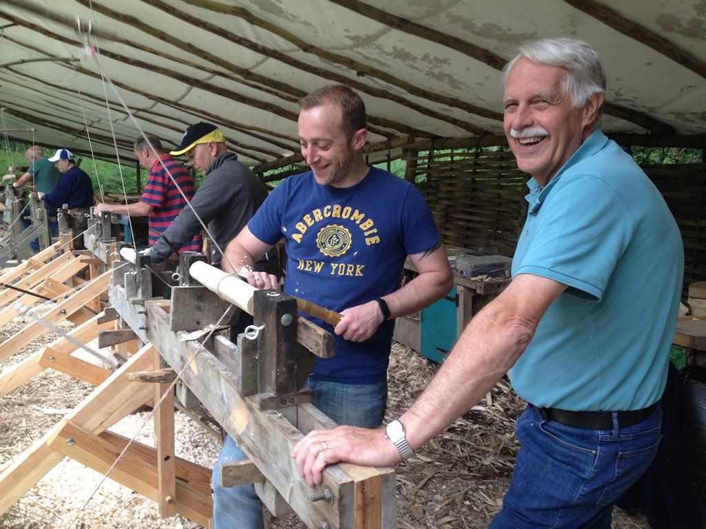 Students on Peter Wood’s chairmaking course trying their hand at traditional pole-lathe turning