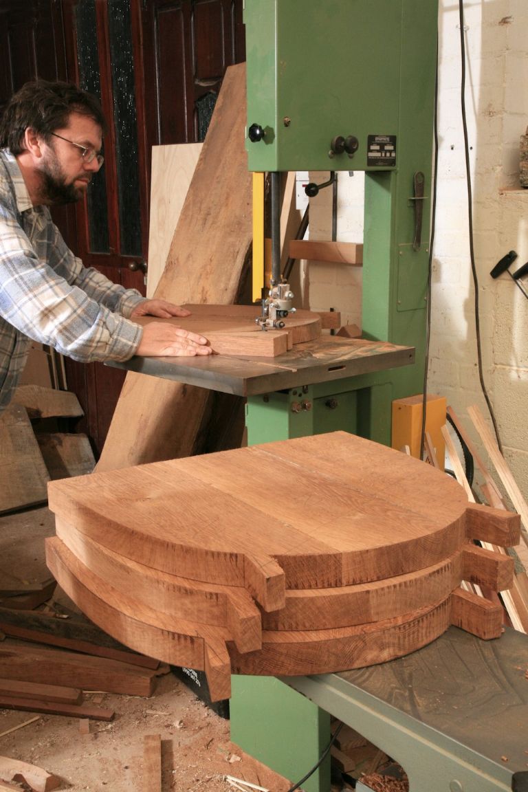 John Bullar and a set of seats cut as a batch on the bandsaw