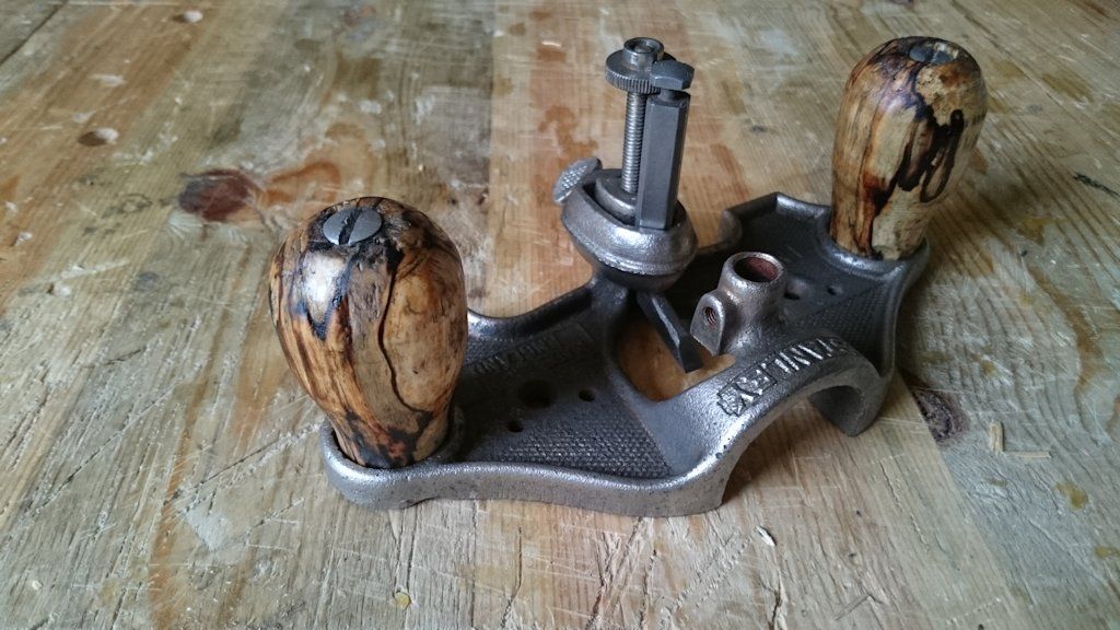 Clint Rose’s revived router plane, with newly turned handles