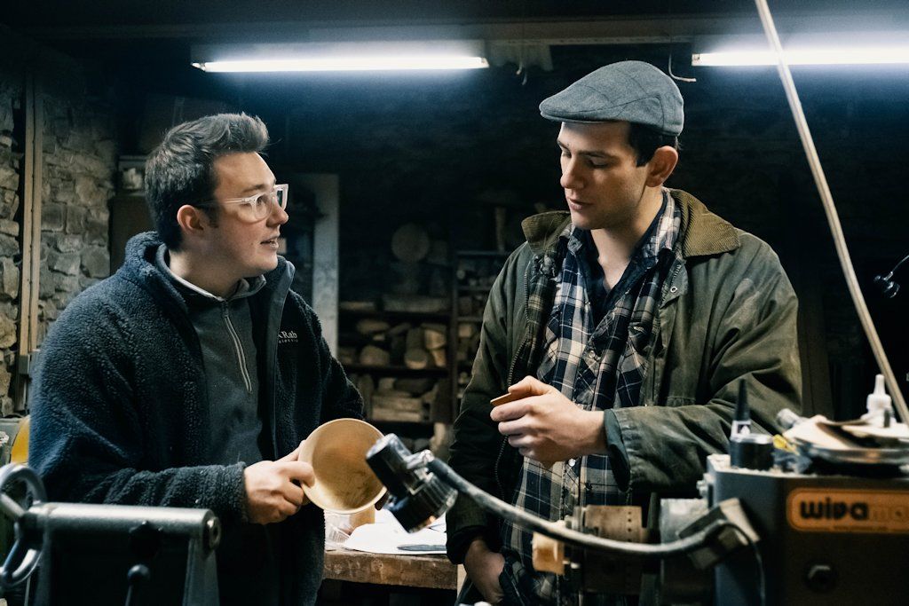 Ollie Allen and David Smyth discussing woodturning and CNC capabilities for a client project